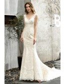 Unique Ivory Lace With Champagne Mermaid Wedding Dress Vneck With Train Lace Trim