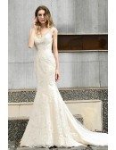 Unique Ivory Lace With Champagne Mermaid Wedding Dress Vneck With Train Lace Trim