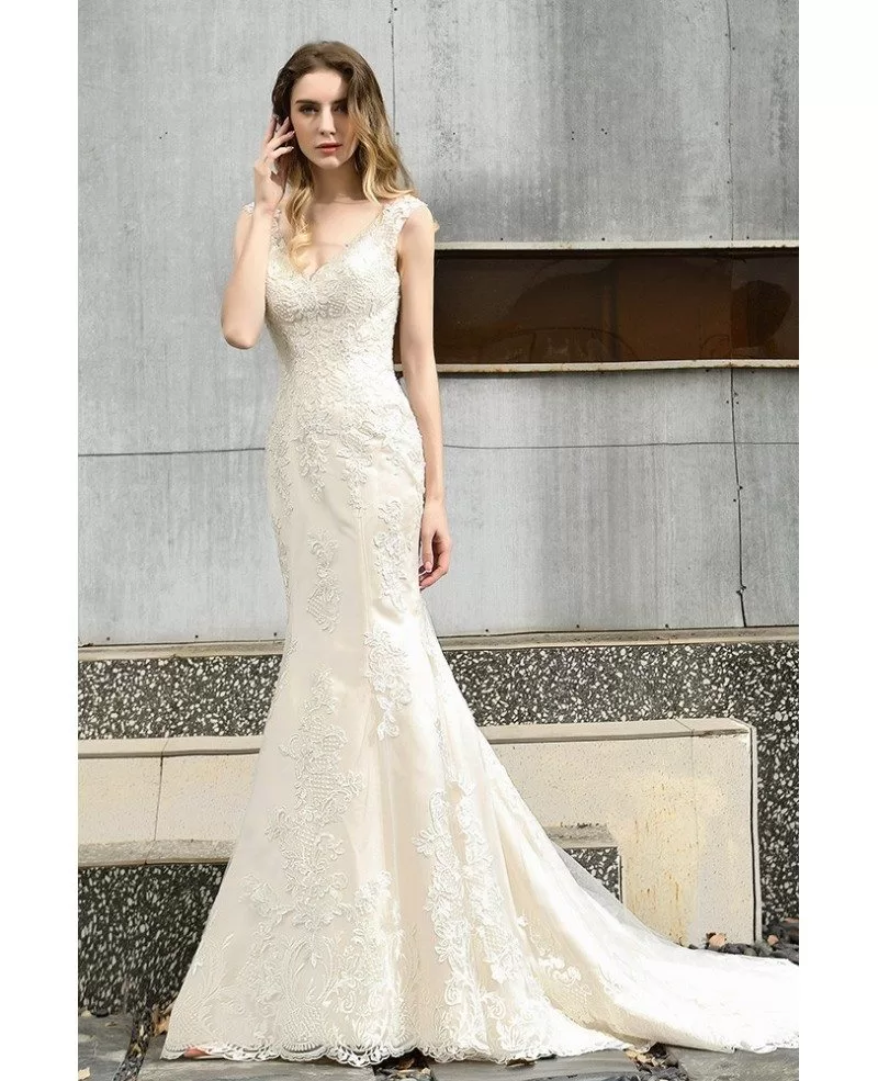 Unique Ivory Lace With Champagne Mermaid Wedding Dress