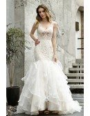 Stunning Sheer Lace Fitted Trumpet Wedding Dress With Ruffles Train