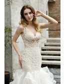 Stunning Sheer Lace Fitted Trumpet Wedding Dress With Ruffles Train
