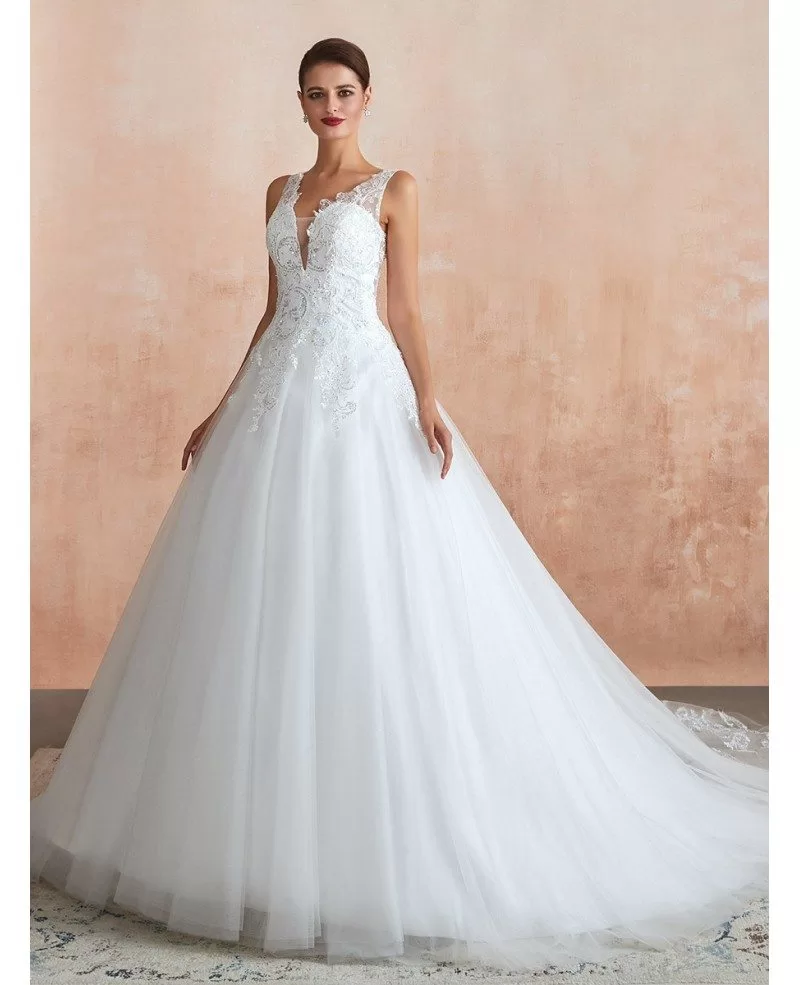 Classy V Neck Sequin Lace Ballroom Wedding Dress