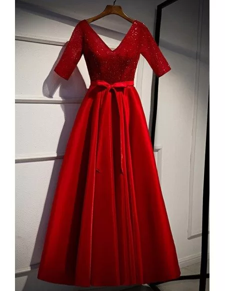Modest Vneck Red Satin Formal Dress With Sequins Sleeves