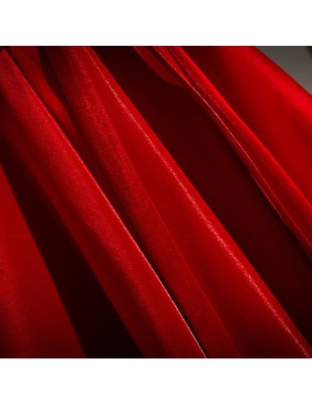 Modest Vneck Red Satin Formal Dress With Sequins Sleeves