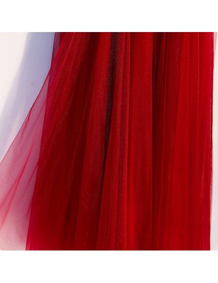 Burgundy Flowy Long Tulle Party Dress With Straps