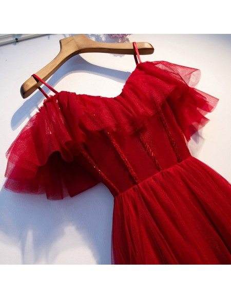Burgundy Flowy Long Tulle Party Dress With Straps