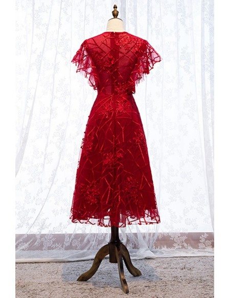 Special Burgundy Red Lace Tea Length Party Dress With Round Neck