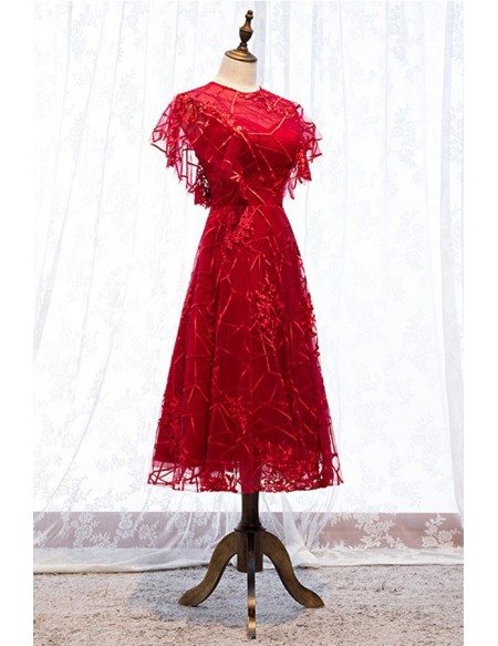 Special Burgundy Red Lace Tea Length Party Dress With Round Neck