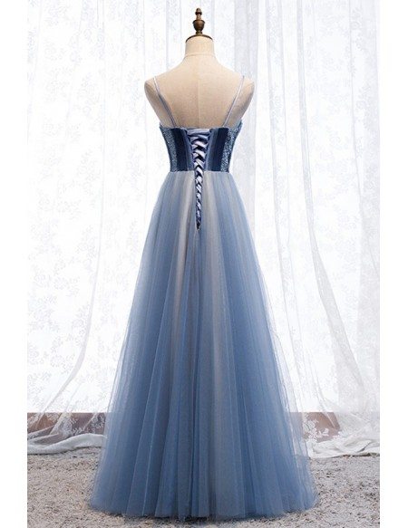 Blue Tulle Striped Top Long Party Dress With Straps