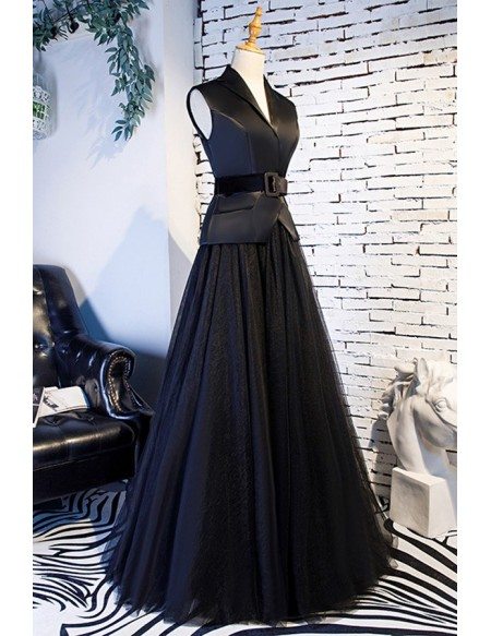 Long Black Aline Tulle Formal Dress With Suit Vneck Collar