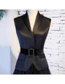 Long Black Aline Tulle Formal Dress With Suit Vneck Collar
