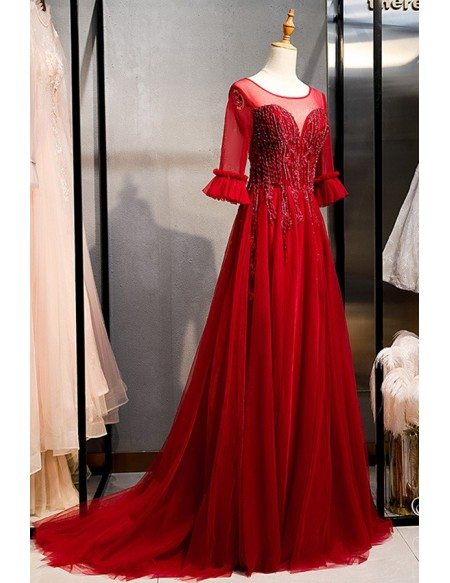 Formal Long Train Burgundy Evening Dress With Illusion Short Sleeves