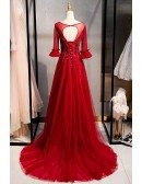 Formal Long Train Burgundy Evening Dress With Illusion Short Sleeves