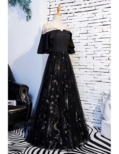 Special Ruffle Sleeve Long Black Party Dress With Patterns
