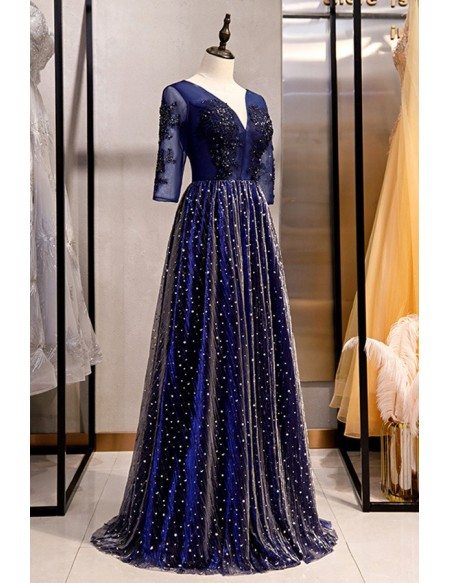 Long Formal Bling Tulle Evening Dress Vneck With Illusion Sleeves
