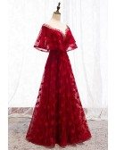 Long Red Lace Flowers Formal Dress With Cape Sleeves