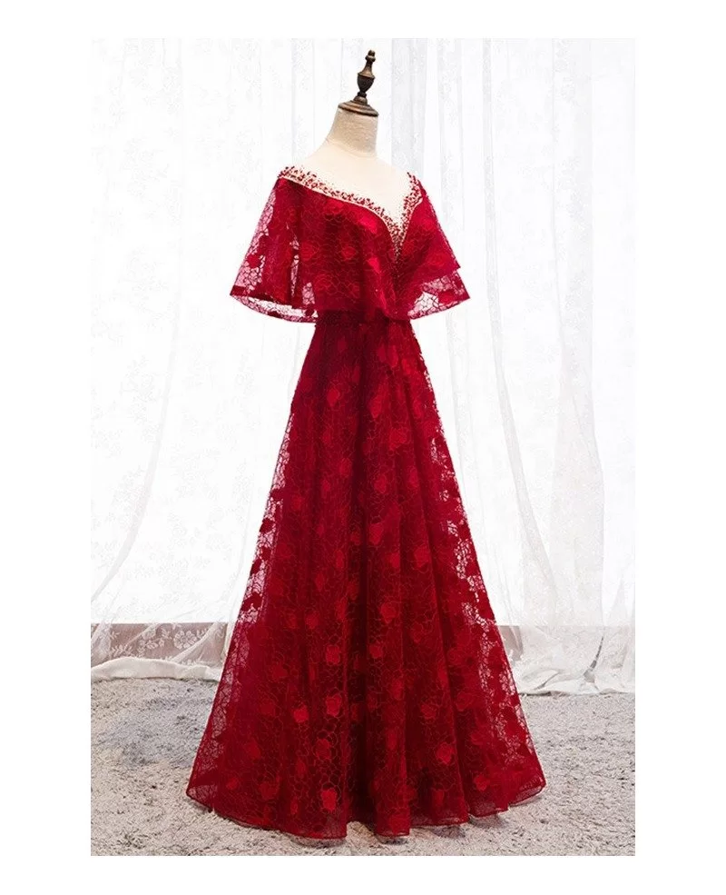 long red lace flowers formal dress with cape sleeves #MYX67015 ...