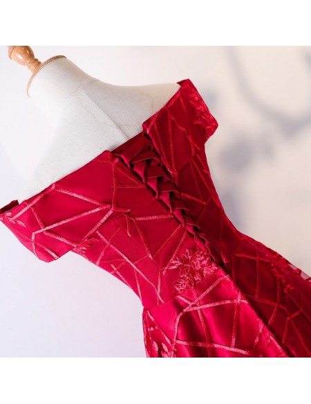 Unique Off Shoulder Aline Burgundy Formal Dress With Lace Pattern