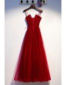 Burgundy Long Tulle Lace Aline Prom Dress With Straps