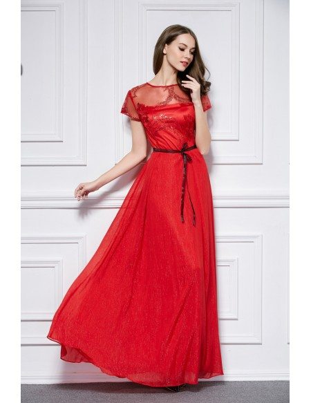 Elegant A-Line Embroided Chiffon Long Prom Dress With Short Sleeves