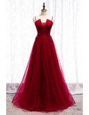 Special Square Neck Long Tulle Burgundy Formal Dress With Straps