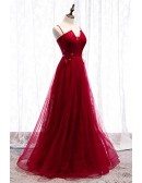Special Square Neck Long Tulle Burgundy Formal Dress With Straps