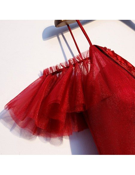 Flowy Red Formal Long Tulle Prom Dress With Vneck