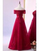 Beaded Off Shoulder Sleeve Burgundy Lace Prom Dress With Laceup