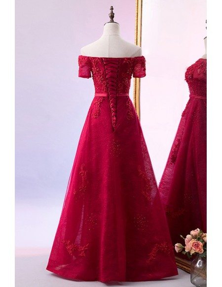 Beaded Off Shoulder Sleeve Burgundy Lace Prom Dress With Laceup