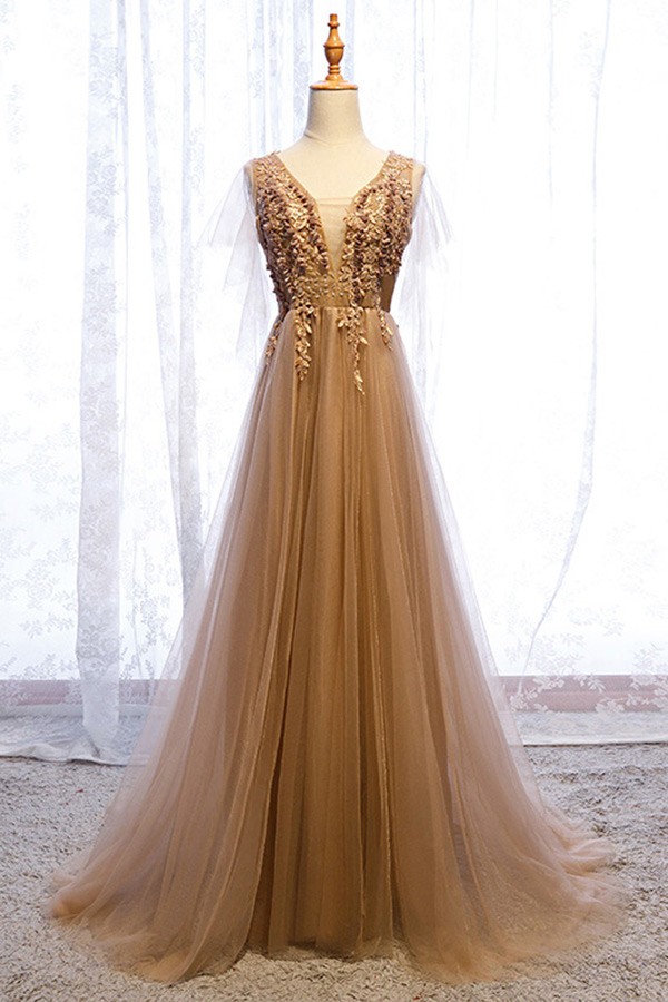 flowy brown gold long tulle prom dress with train #MYX69065 - GemGrace.com