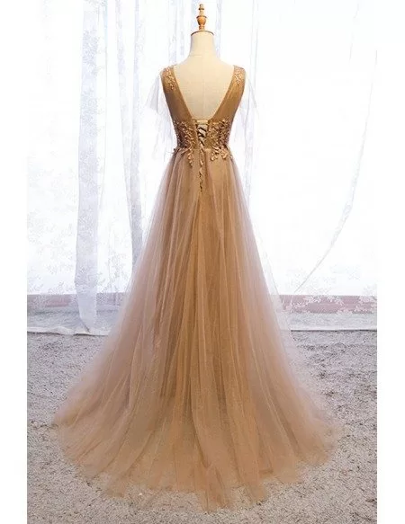Flowy Brown Gold Long Tulle Prom Dress With Train