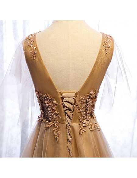 Flowy Brown Gold Long Tulle Prom Dress With Train