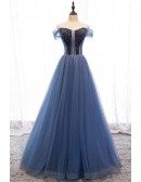 Formal Blue Tulle Ballgown Prom Dress With Off Shoulder