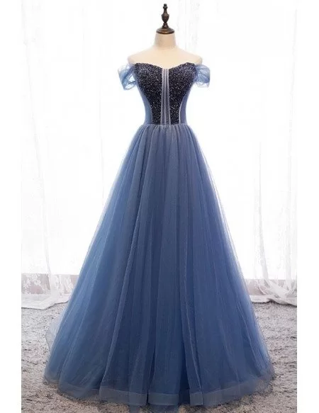formal blue tulle ballgown prom dress with off shoulder #MYX79003 ...