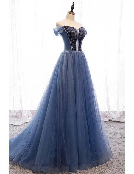 Formal Blue Tulle Ballgown Prom Dress With Off Shoulder