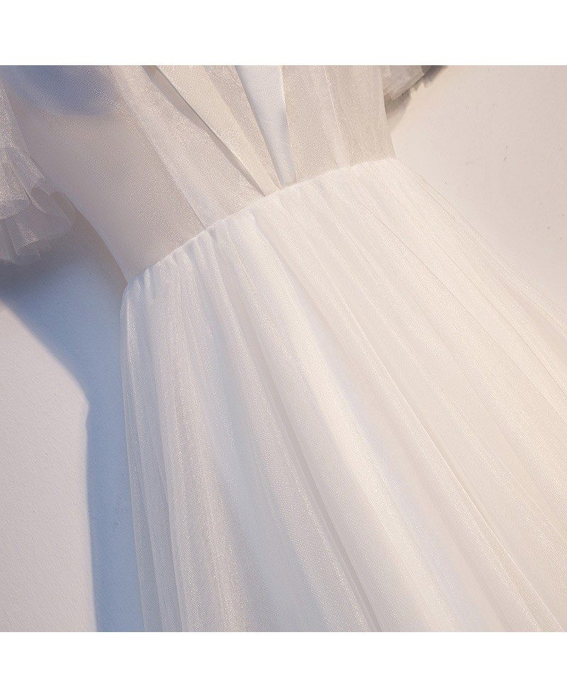 elegant long white formal dress tulle with sleeves #MYX69059 - GemGrace.com