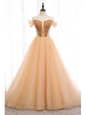 Champagne Gold Ballgown Tulle Prom Dress With Off Shoulder