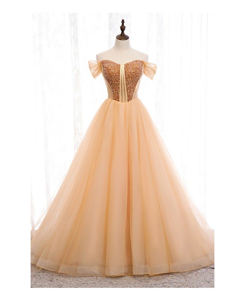 Champagne Gold Ballgown Tulle Prom Dress With Off Shoulder Myx Gemgrace Com