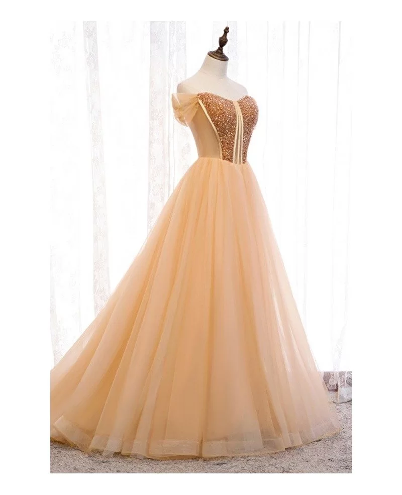 Champagne Gold Ballgown Tulle Prom Dress With Off Shoulder Myx