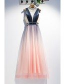 Unique Ombre Pink Tulle With Blue Prom Dress With Sequined High Neck