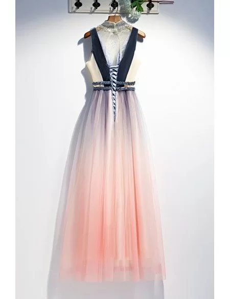 Unique Ombre Pink Tulle With Blue Prom Dress With Sequined High Neck