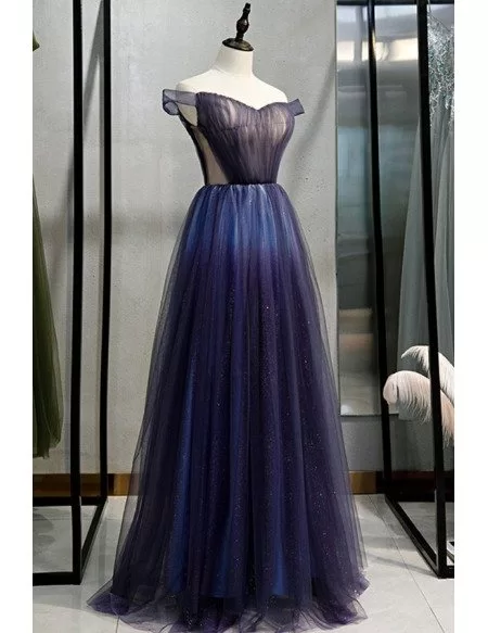 Navy Blue Tulle Off Shoulder Prom Dress With Corset Back