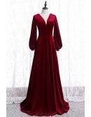 Simple Formal Burgundy Long Velvet Dress With Long Sleeves