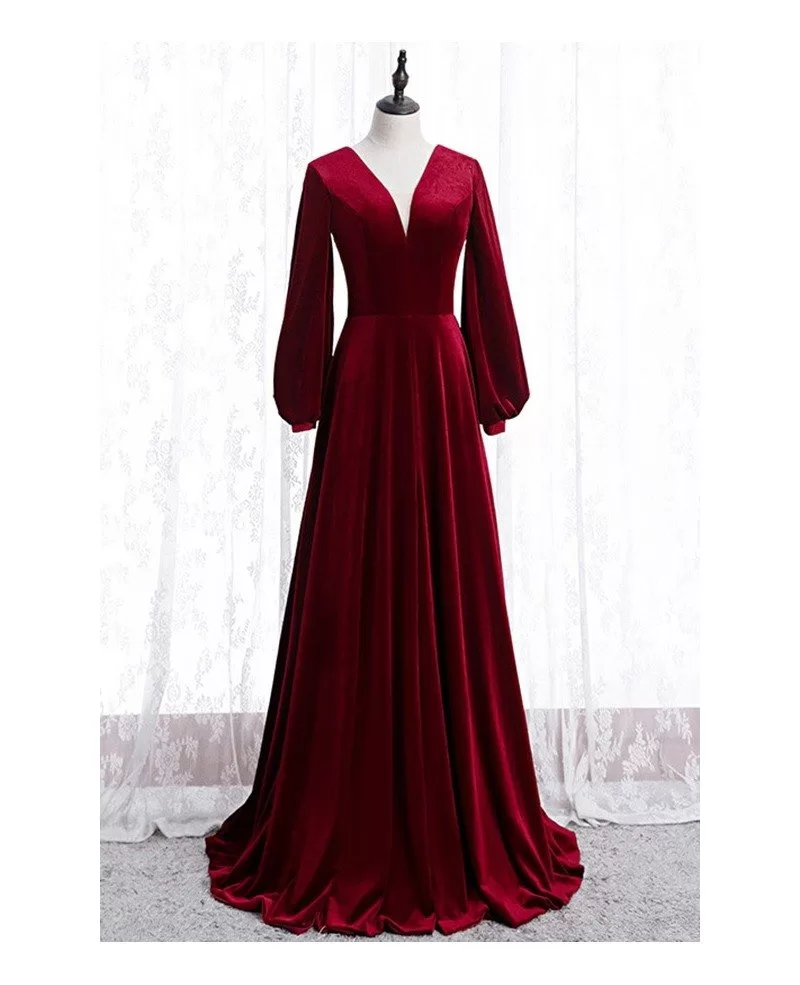 simple formal burgundy long velvet dress with long sleeves #MYX78042 ...