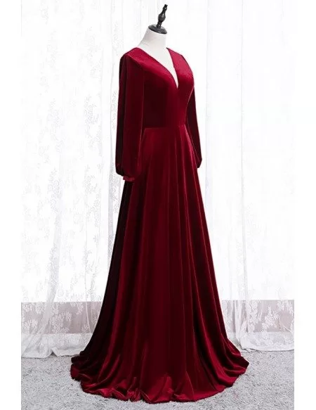 Simple Formal Burgundy Long Velvet Dress With Long Sleeves