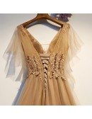 Long Gold Tulle Prom Dress Vneck With Tulle Sleeves Beading