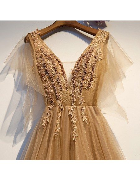 Long Gold Tulle Prom Dress Vneck With Tulle Sleeves Beading