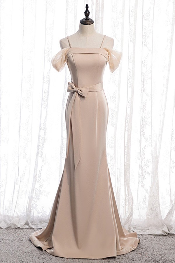 champagne mermaid long evening dress with bow sash #MYX78074 - GemGrace.com