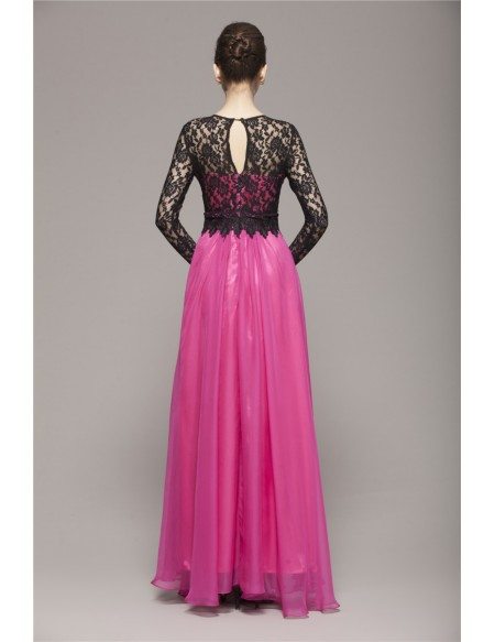 Modest Sleeved Chiffon Long Dresses With Lace Top