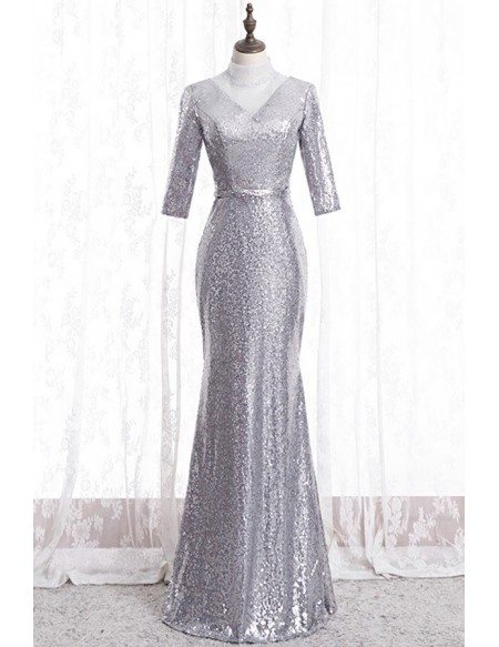 Formal Long Silver Sequins Mermaid Evening Dress With Sheer High Neck